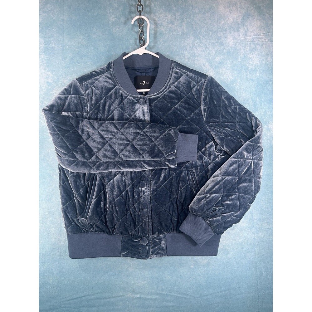 Vtg 7 For All Mankind Womens Jacket Blue Quilted Velvet Bomber Medium